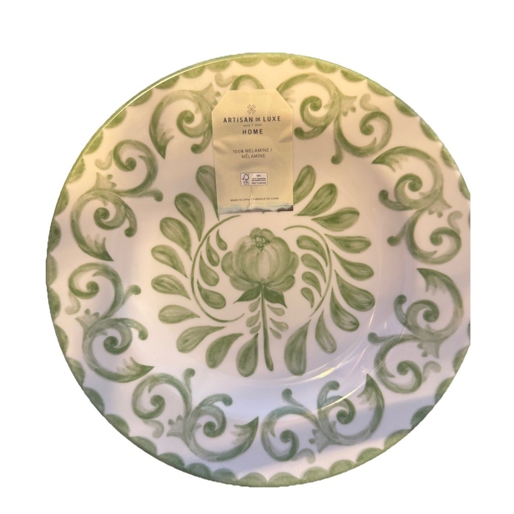 ARTISAN DE LUXE HOME Melamine GREEN ROSE Scroll 9" Salad Plates (SET OF 4)‎ NEW